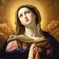 Madonna in preghiera rivolta con lo sguardo verso il cielo e contornata da angeli.